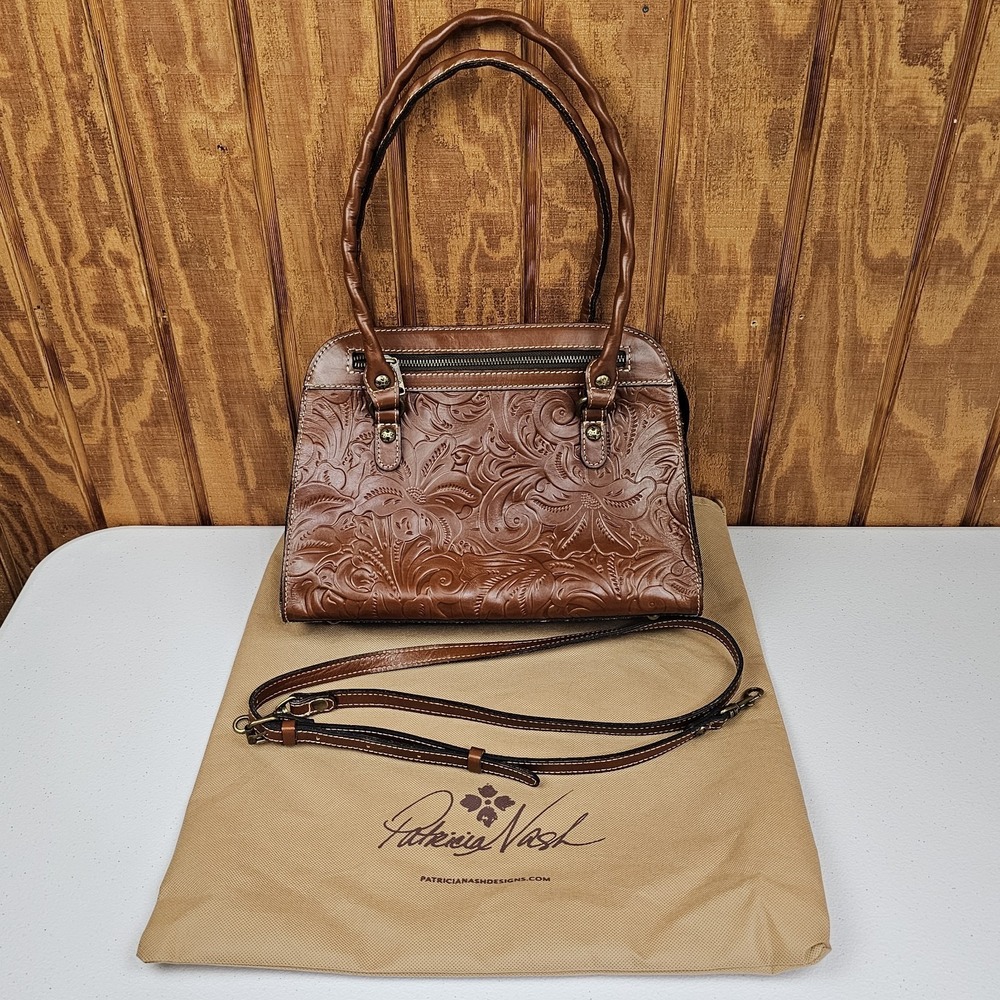 PATRICIA NASH Calvi Satchel Handbag Tooled Leather Floral Pattern Brown